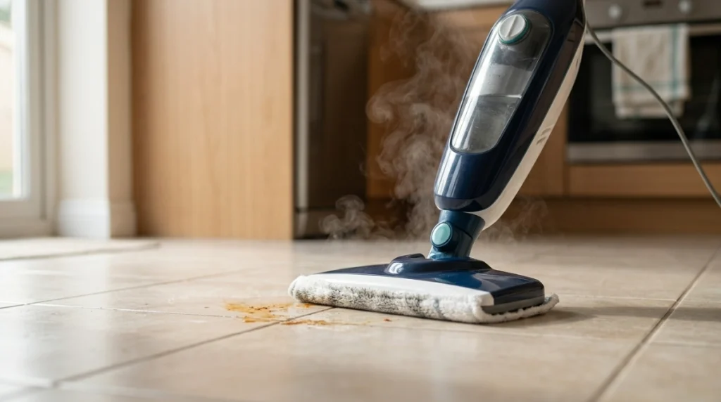 Close-up of a steam mop loosening sticky dirt on sealed ceramic tile