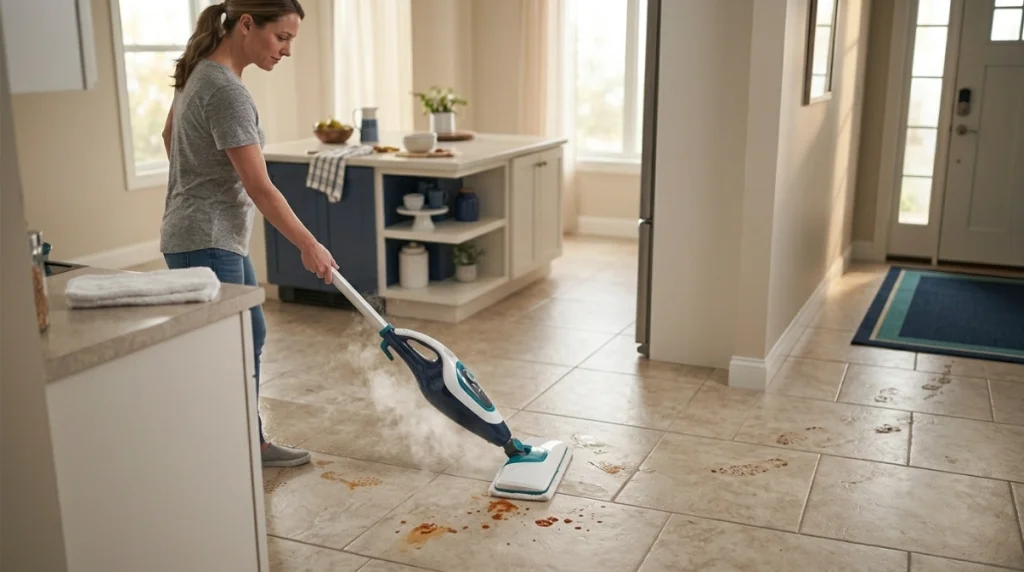 Person using a steam mop on sticky spills and footprints across sealed kitchen tile