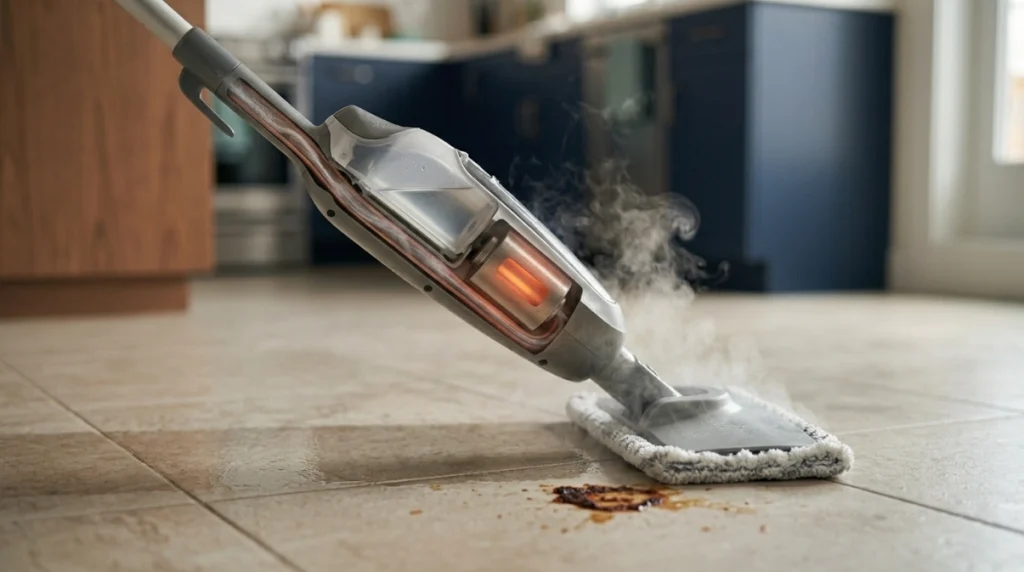 Close-up showing steam traveling from a mop reservoir to its microfiber cleaning pad