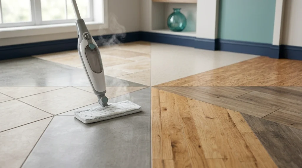 Steam mop on porcelain tile beside samples of wood, laminate, vinyl, stone, linoleum, and cork