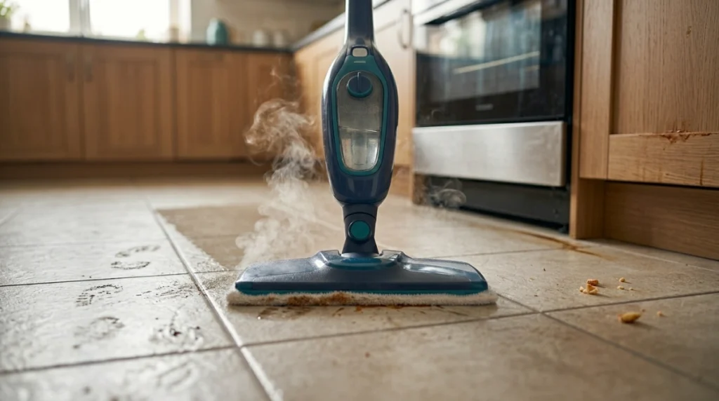 Steam mop removing dried sauce, grease, and muddy marks from textured kitchen tile