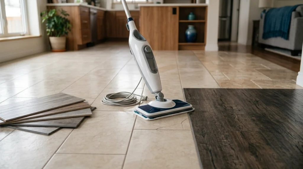Steam mop positioned on sealed tile beside hardwood, laminate, vinyl, and natural stone flooring