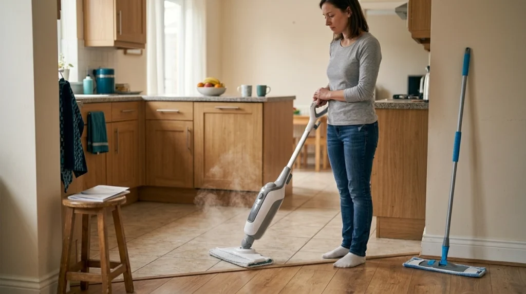 Homeowner keeps a steam mop on sealed tile and away from engineered wood flooring