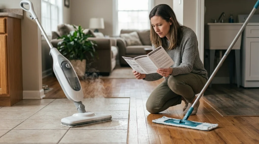 Homeowner choosing steam or microfiber mops for tile, hardwood, laminate, and vinyl floors