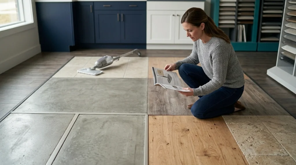 Steam mop beside tile, concrete, vinyl, laminate, hardwood, and natural stone samples