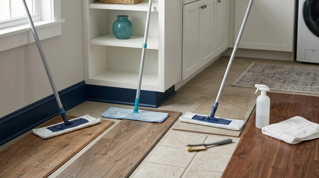 Microfiber flat mop, spin mop, brush, towel, and neutral cleaner for safer floor cleaning