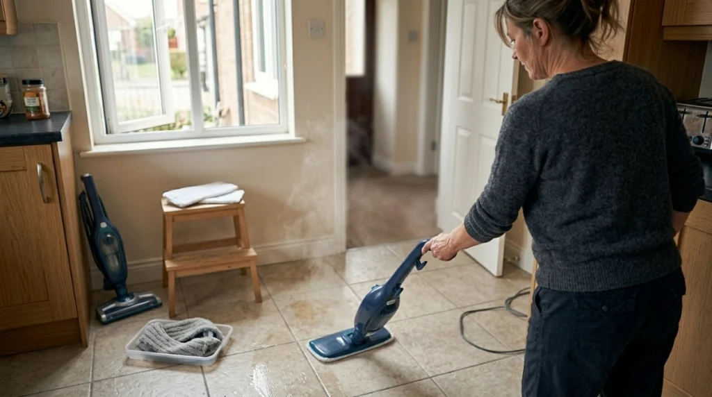 Homeowner steam mopping tile after vacuuming with clean replacement pads nearby