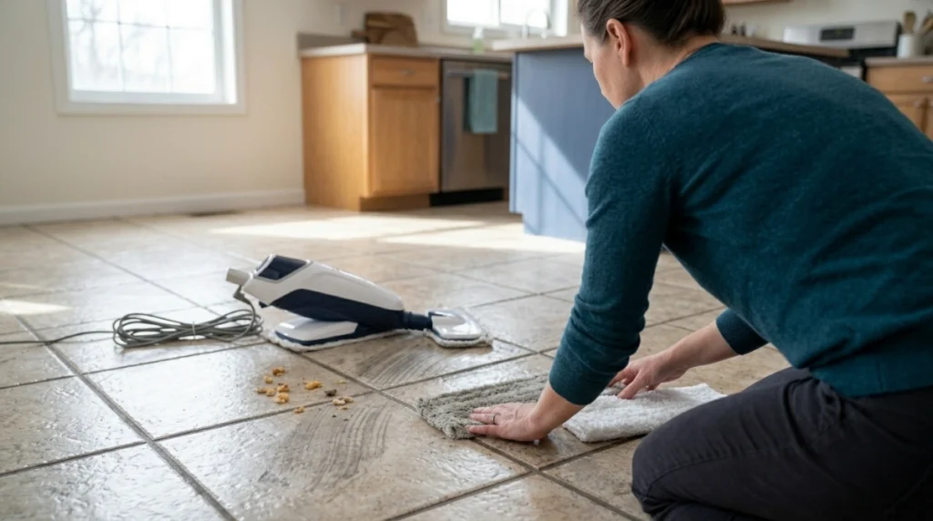 Cleaner comparing dirty and fresh steam-mop pads beside a streaky, cloudy tiled floor