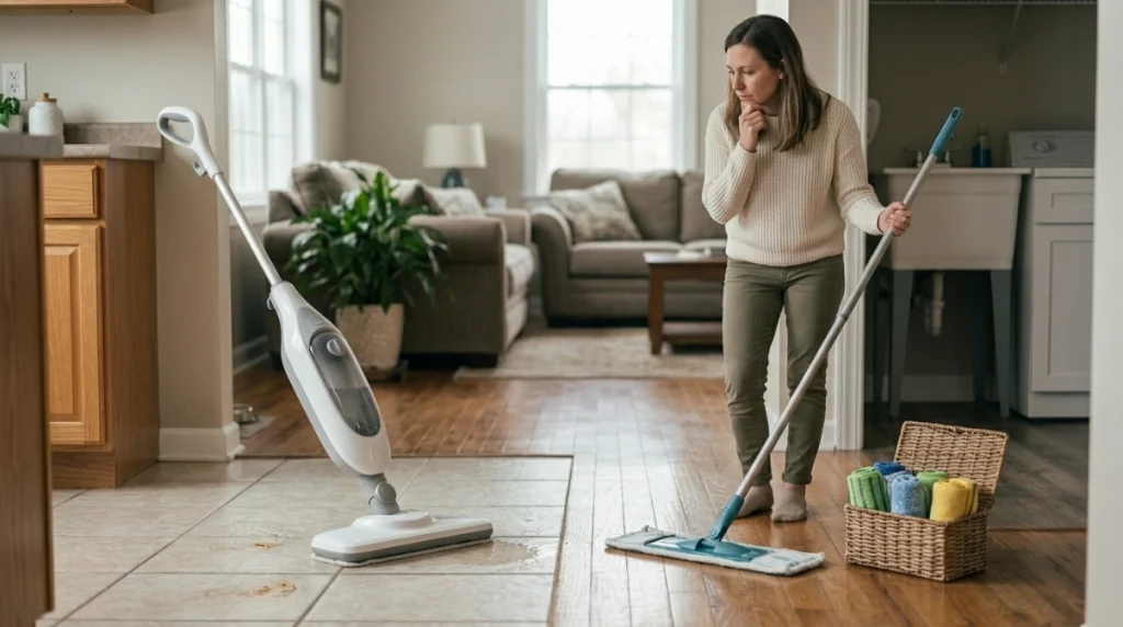 Homeowner comparing steam and microfiber mops in a home with tile and hardwood floors