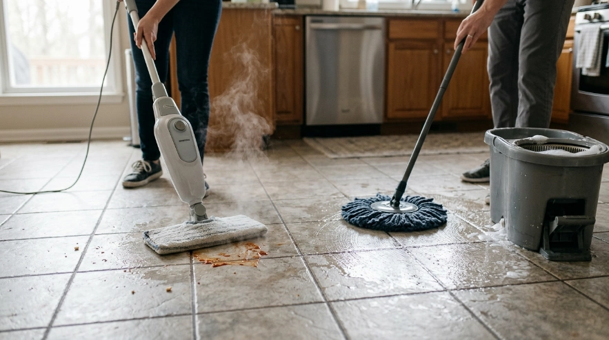 Steam mop and microfiber spin mop cleaning sticky grime from a tiled kitchen floor.