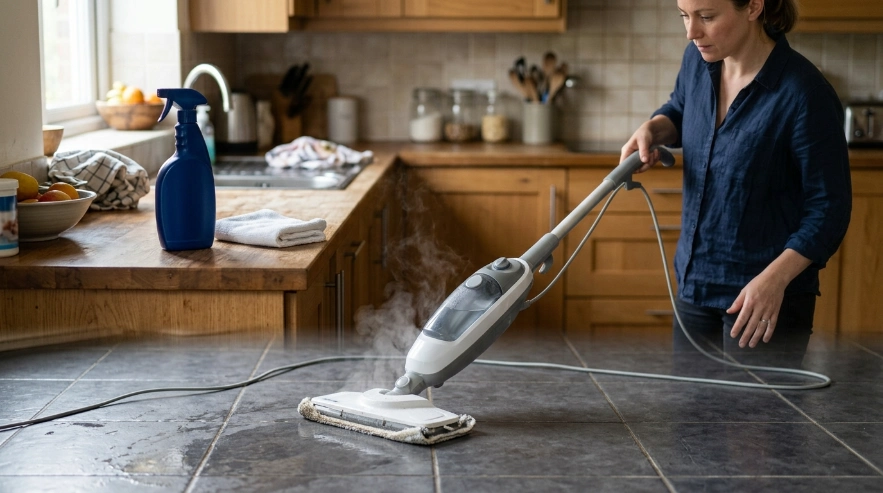 Steam mop and separate disinfectant showing the difference between cleaning and disinfecting floors