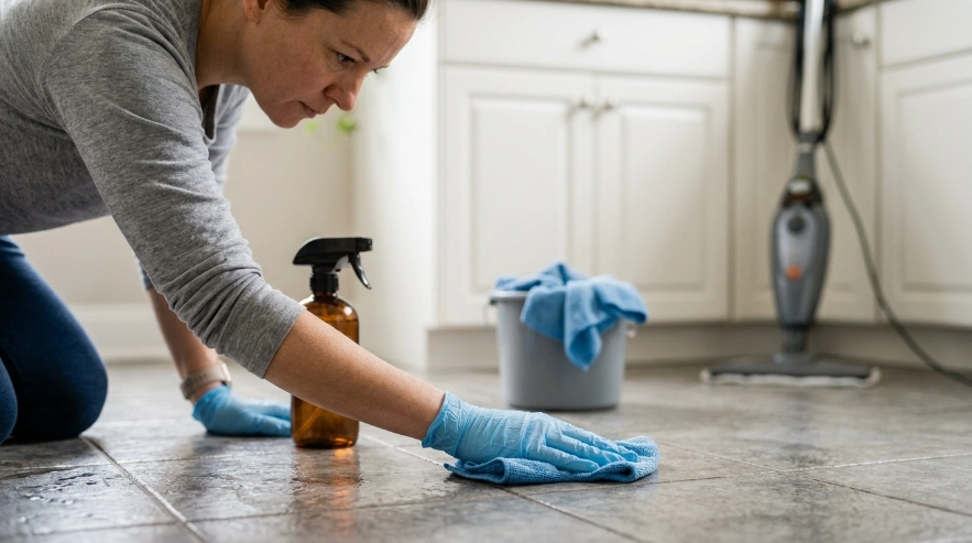 Person disinfecting tile floor after illness while steam mop remains separate in background.