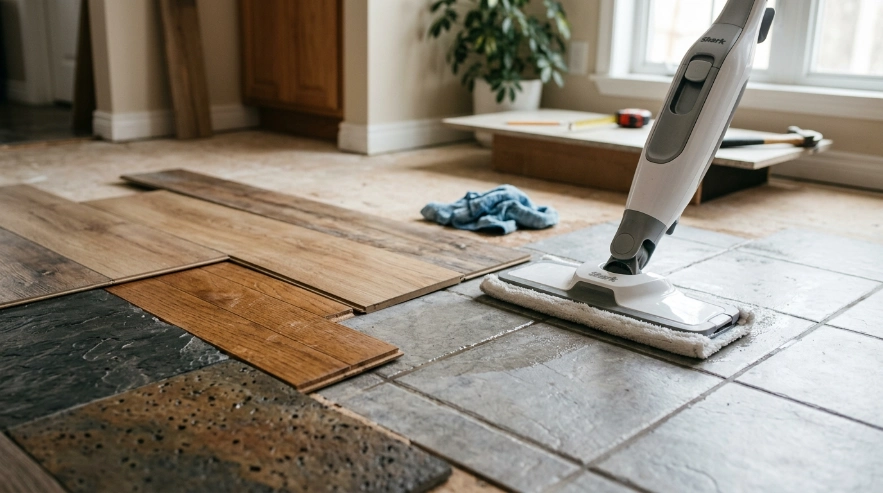 Steam mop near tile, wood, laminate, vinyl, and stone flooring showing floor-specific mold-cleaning risks.