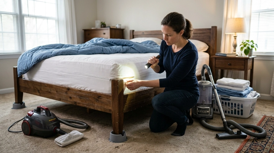 Integrated bed bug control with inspection, vacuum, mattress encasement, interceptors and steam cleaner