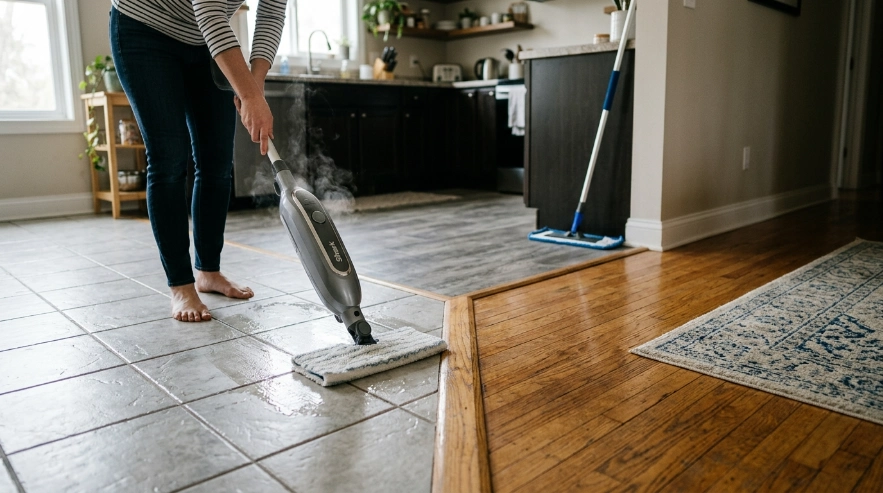 Steam mop used on tile beside wood and vinyl flooring while controlling dust mites safely.