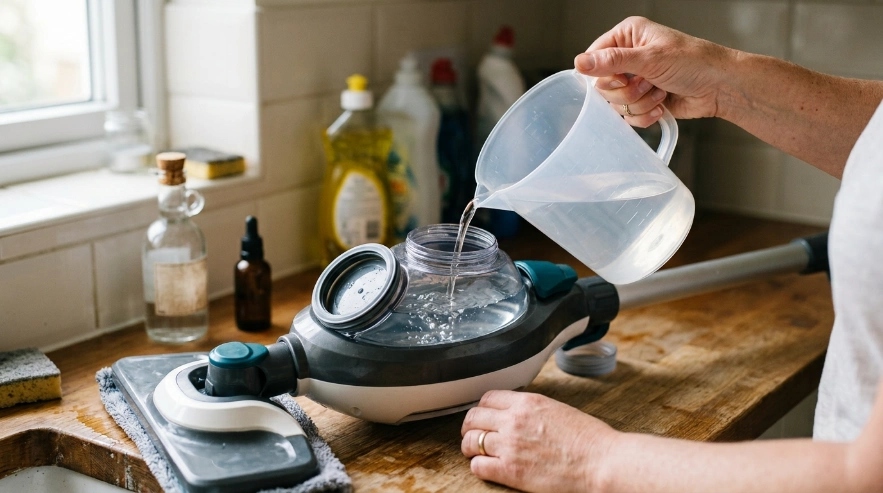 Are steam mops toxic scene showing clear water filling a steam mop beside unused household cleaners