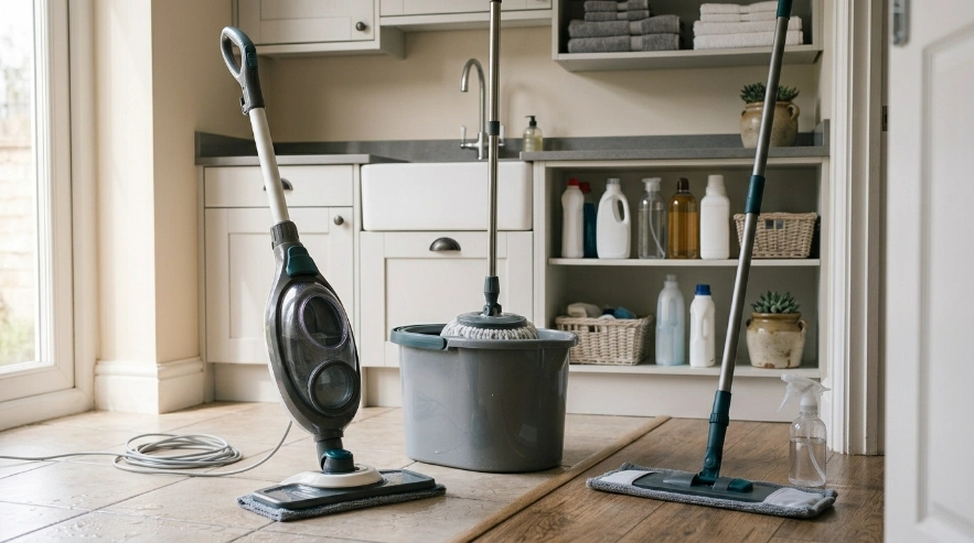 Are steam mops toxic comparison showing steam, microfiber flat, and spin mops for floor cleaning.