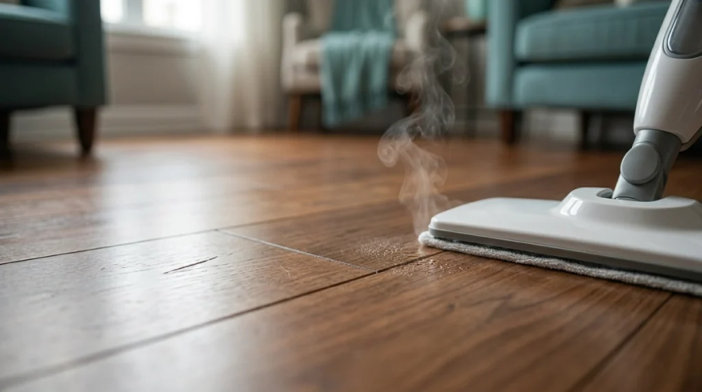 Steam mop vapor near hardwood seams and scratches where heat and moisture can reach exposed wood.