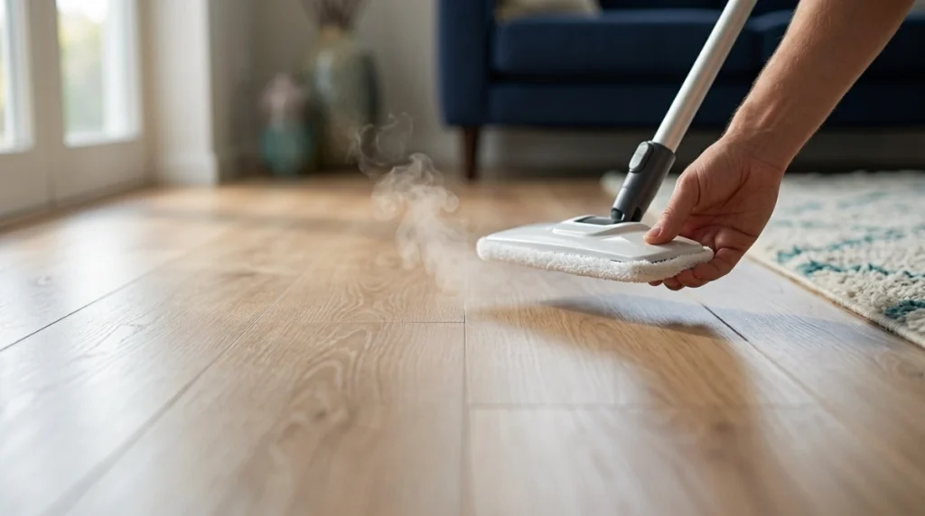 Steam mop releasing vapor near laminate floor seams with one slightly raised plank edge.
