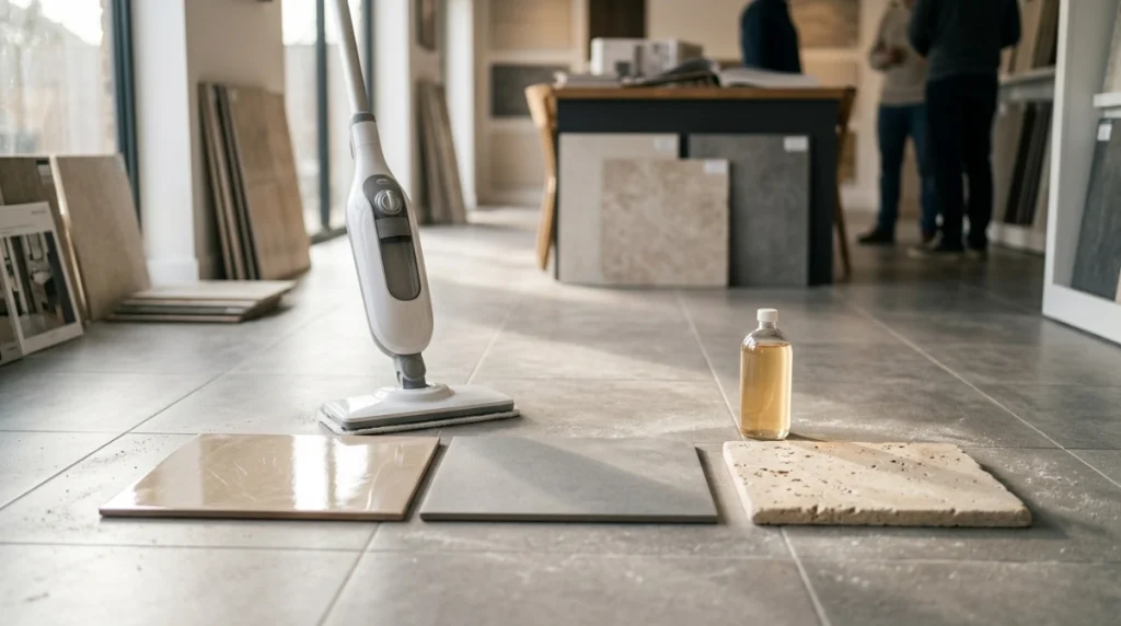 Ceramic, porcelain, and natural stone tile beside a steam mop for floor compatibility comparison.