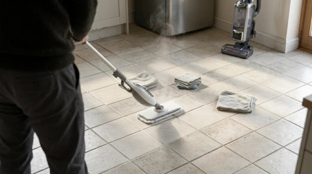 Homeowner using a steam mop across grout lines, then wiping loosened dirt with microfiber.