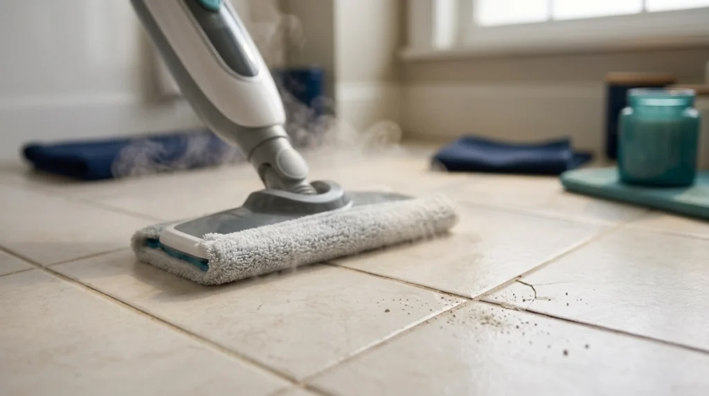 Steam mop beside healthy and cracked grout showing how damaged joints react to steam.