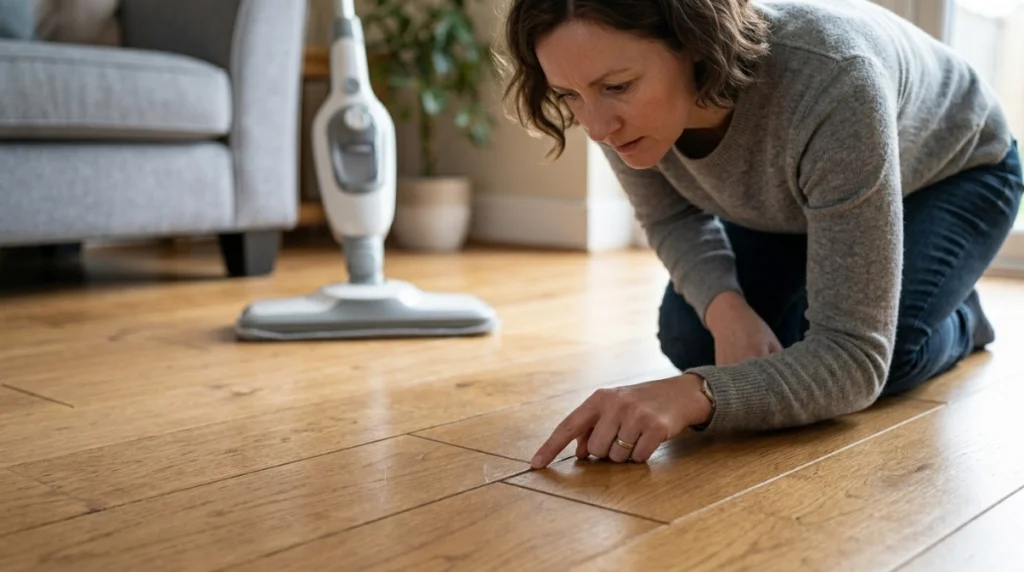 Homeowner inspecting raised seams and cloudy finish on engineered hardwood after using a steam mop.