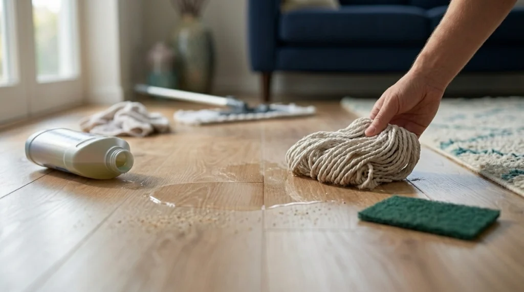 Wet mop, puddle, abrasive pad and excess cleaner showing common laminate floor cleaning mistakes.