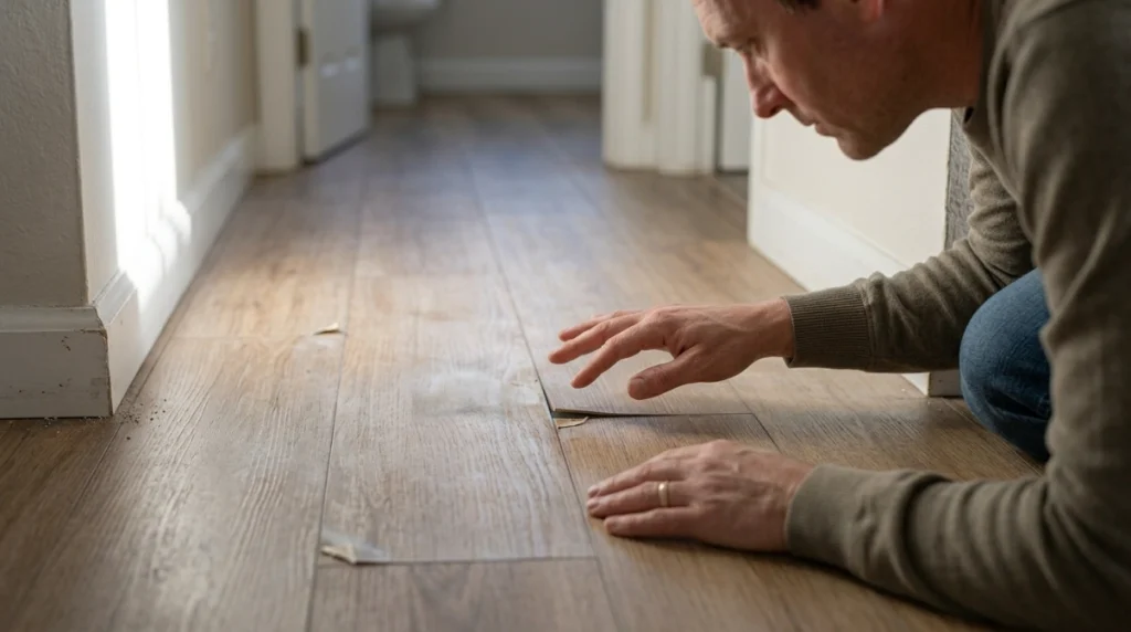 Homeowner inspecting curled seams and discoloration that may indicate steam damage on LVP.