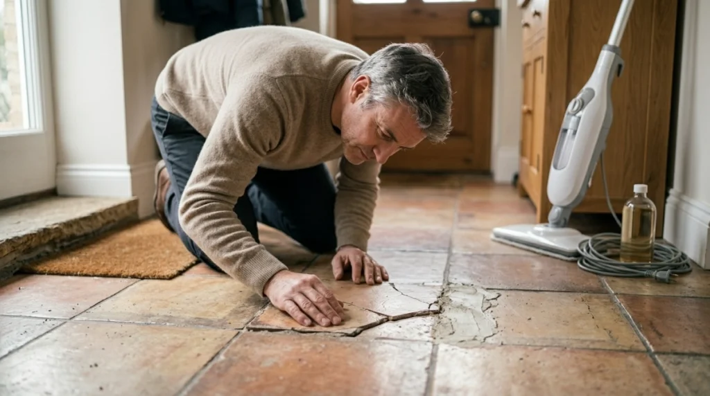 Homeowner inspecting cracked grout and loose tile before deciding whether to use a steam mop.