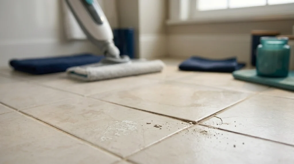 Damaged grout showing cracks, crumbs, missing edges, and peeling sealer after steam mopping.