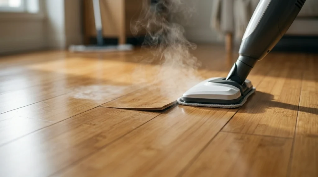 Close-up of steam entering a bamboo floor seam with early cupping and cloudy finish.