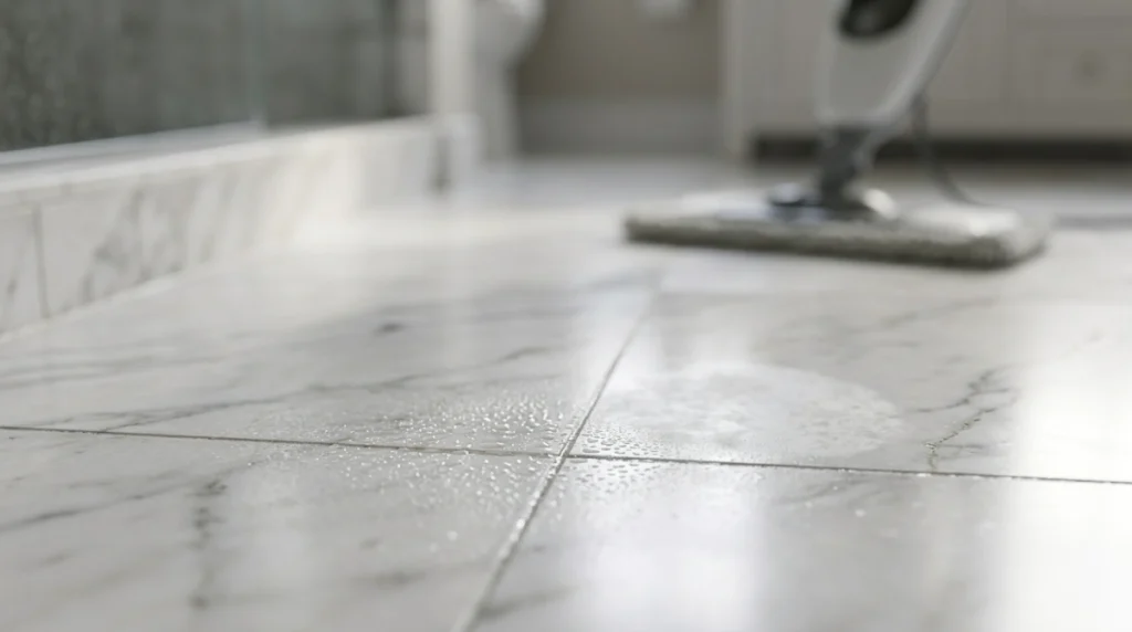 Water droplets near marble grout showing steam mop damage risk