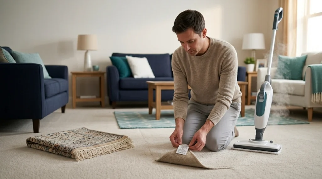 Homeowner checks carpet material before using a steam mop with carpet glider