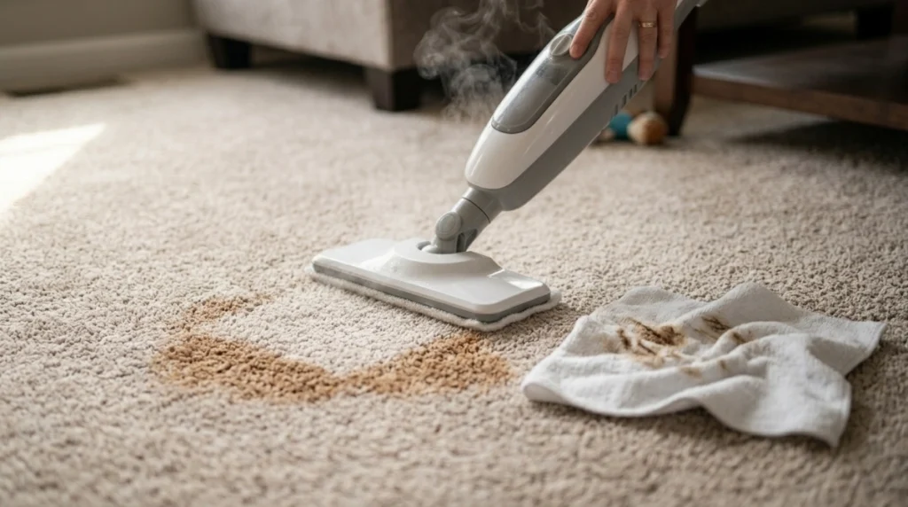 Steam mop loosening a carpet stain while moisture remains within deeper carpet fibers.