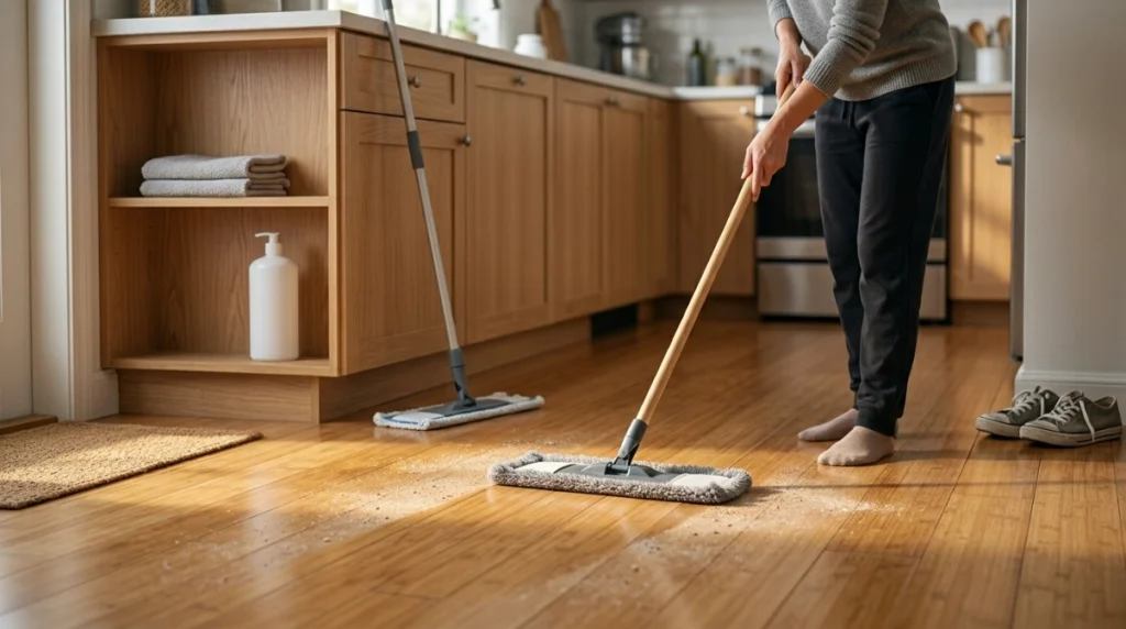 Homeowner dry-mopping a high-traffic bamboo floor with damp-mop supplies stored nearby.