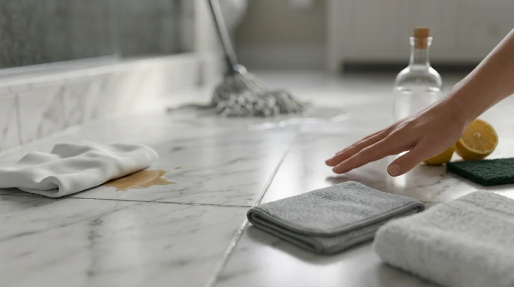 Unsafe cleaners and rough pads placed near marble floor