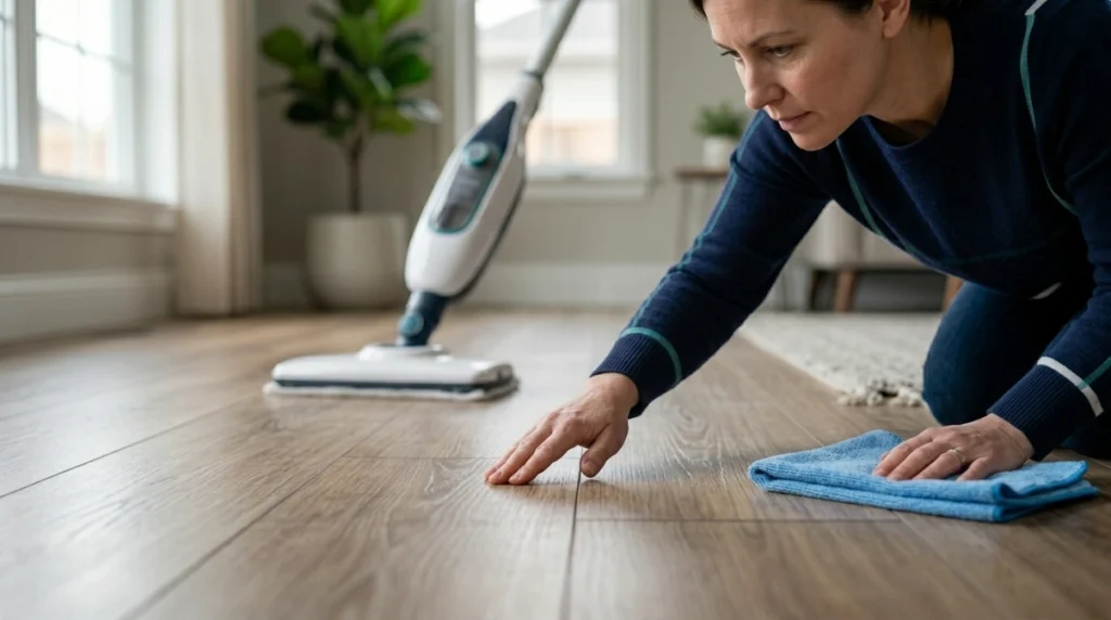 Homeowner inspecting hybrid floor seams after using a steam mop.