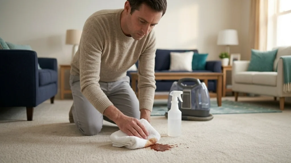 Homeowner blotting a carpet spill with extractor and carpet-safe cleaner nearby