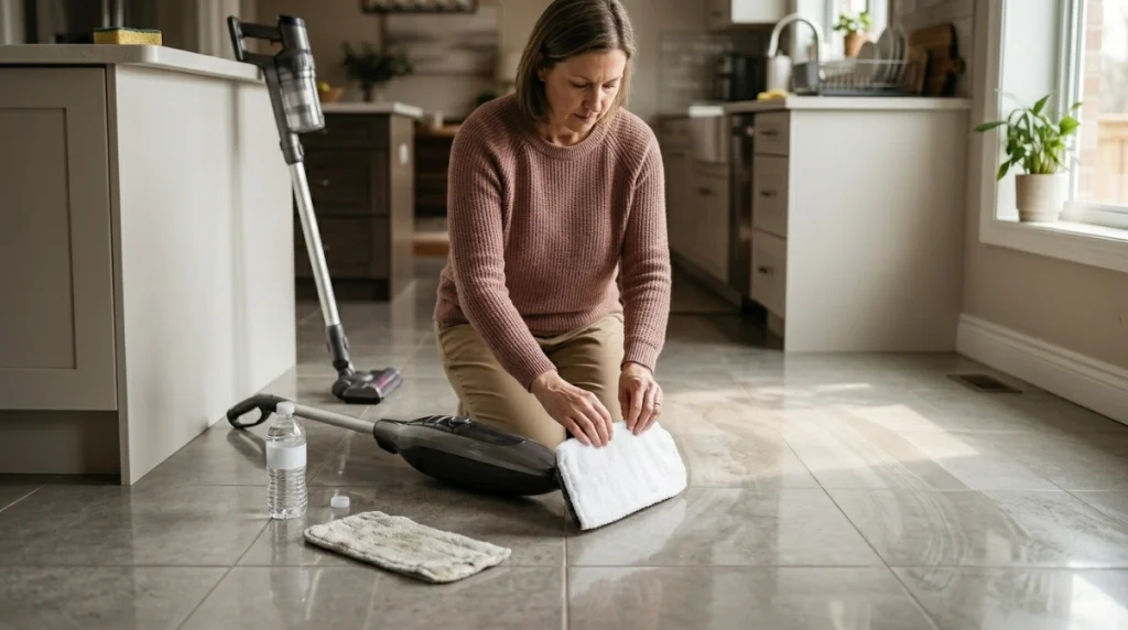 Cleaner replacing a steam mop pad and using distilled water to remove floor streaks.