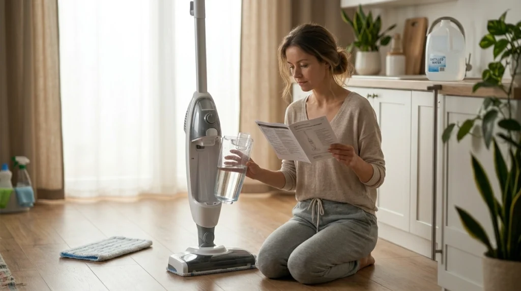 Homeowner checking steam mop water requirements
