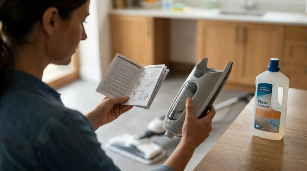 Person checking steam mop before adding floor cleaner