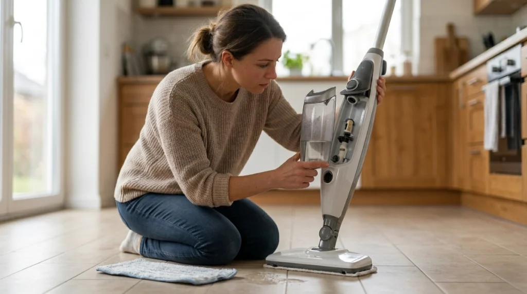 Person checking a steam mop that stopped producing steam