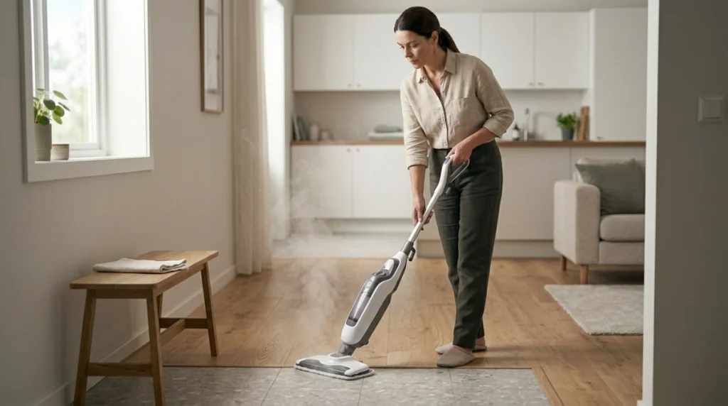 Homeowner using steam mop on different floor types