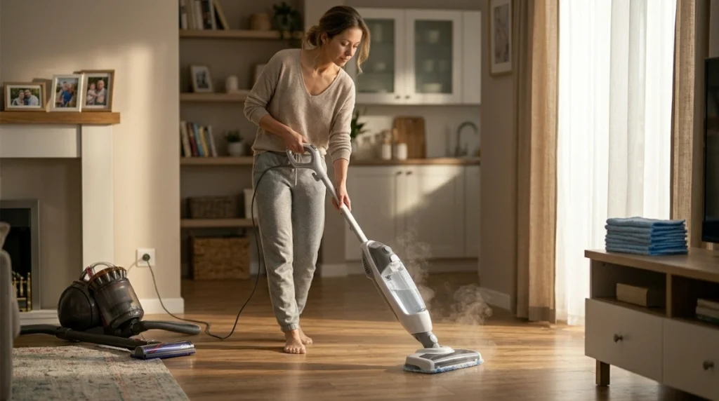 Homeowner using clean microfiber pad with steam mop