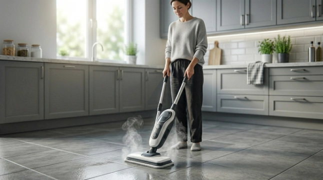 Person using a quiet steam mop on a tiled home floor