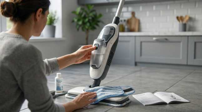 Homeowner maintaining a steam mop to reduce cleaning noise