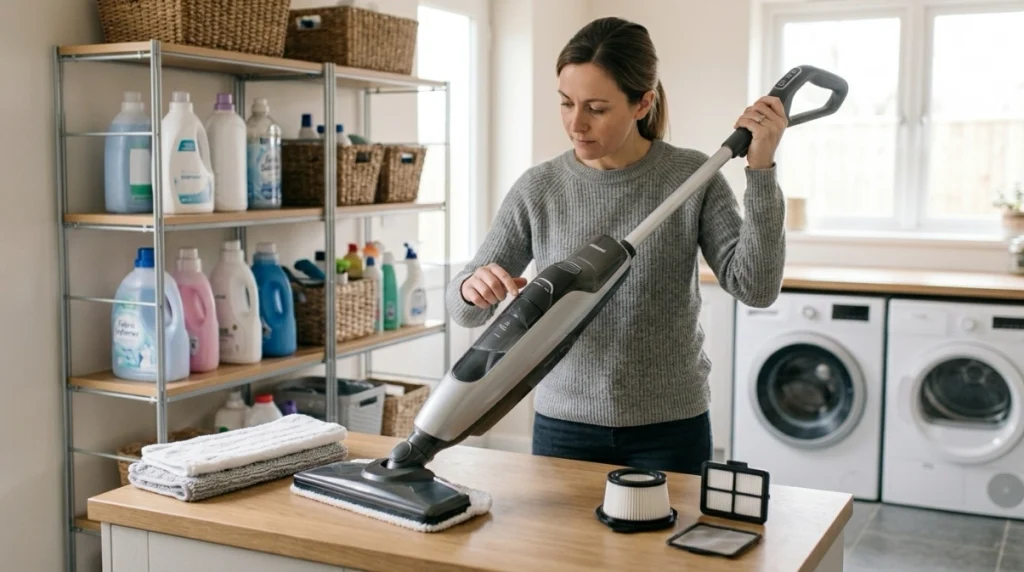 Homeowner comparing vacuum steam mop features