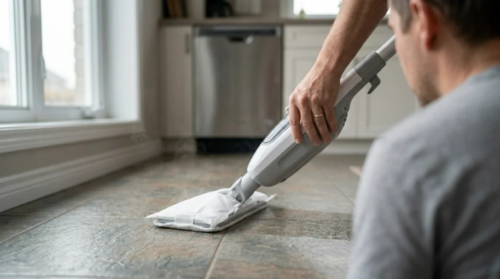 Person cleaning floor with properly attached steam mop pad