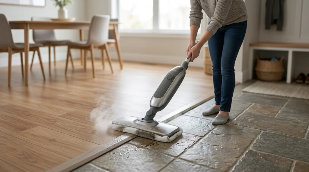 Steam mop cleaning different floor types and pad wear